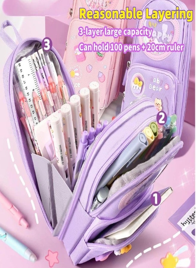 SRUSTEPY Kawaii Style Pencil Case, Three Layer Design, Purple Backpack Shape with Happy Time Pattern, Large Capacity Storage - Image 2